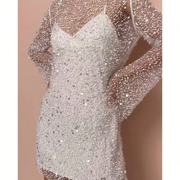 White Elegant Women's Glitter Crystal Two Piece Mini Dress - Picture 6 of 8